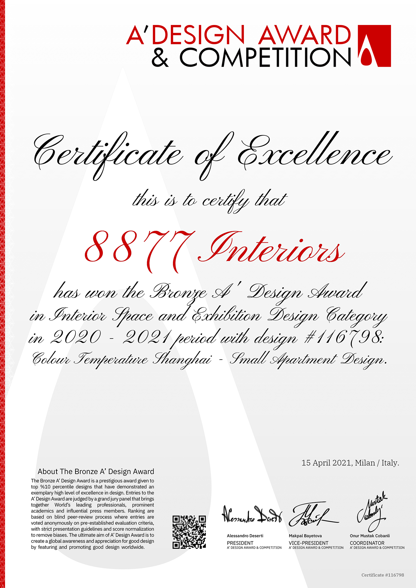 意大利“A'Design Award”设计大奖 - 媒体 - 8877 Interiors|上海彦霏设计有限公司-上海室内设计|上海软装设计 ...